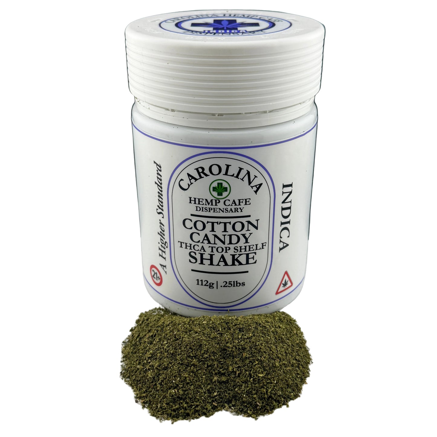 A white plastic jar of Carolina Hemp Cafe Dispensary Cotton Candy THCA Top Shelf Shake with a small pile of green hemp powder in front, set against a dark background.