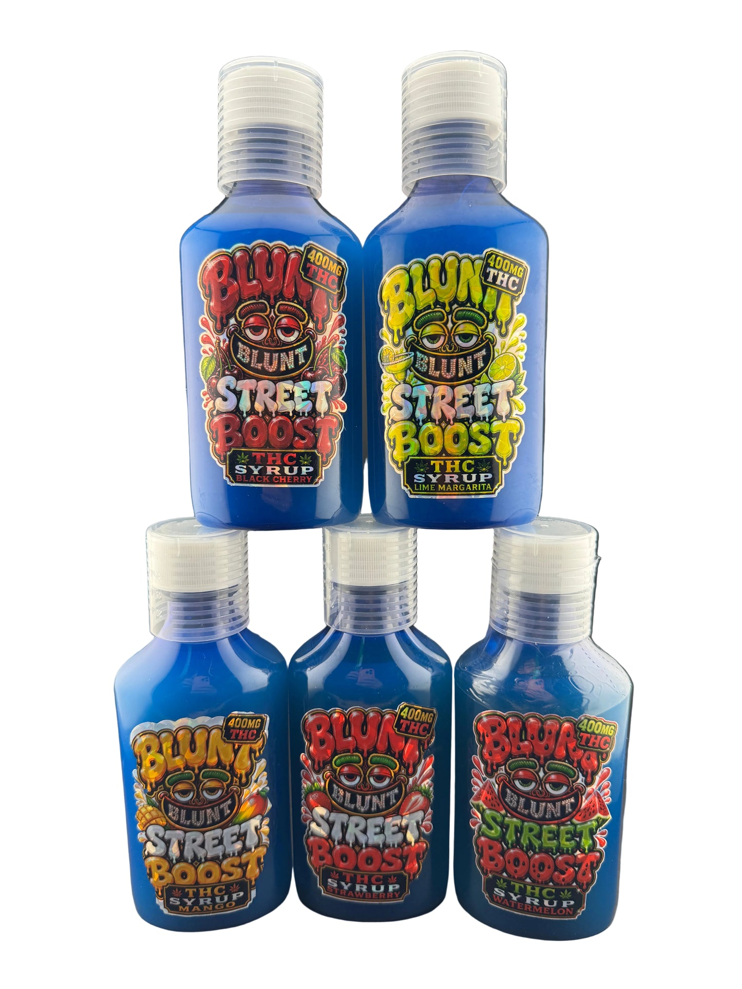 Six blue plastic bottles of Sour Patch Kids Blast Zesty Sour candy arranged on a gray surface.