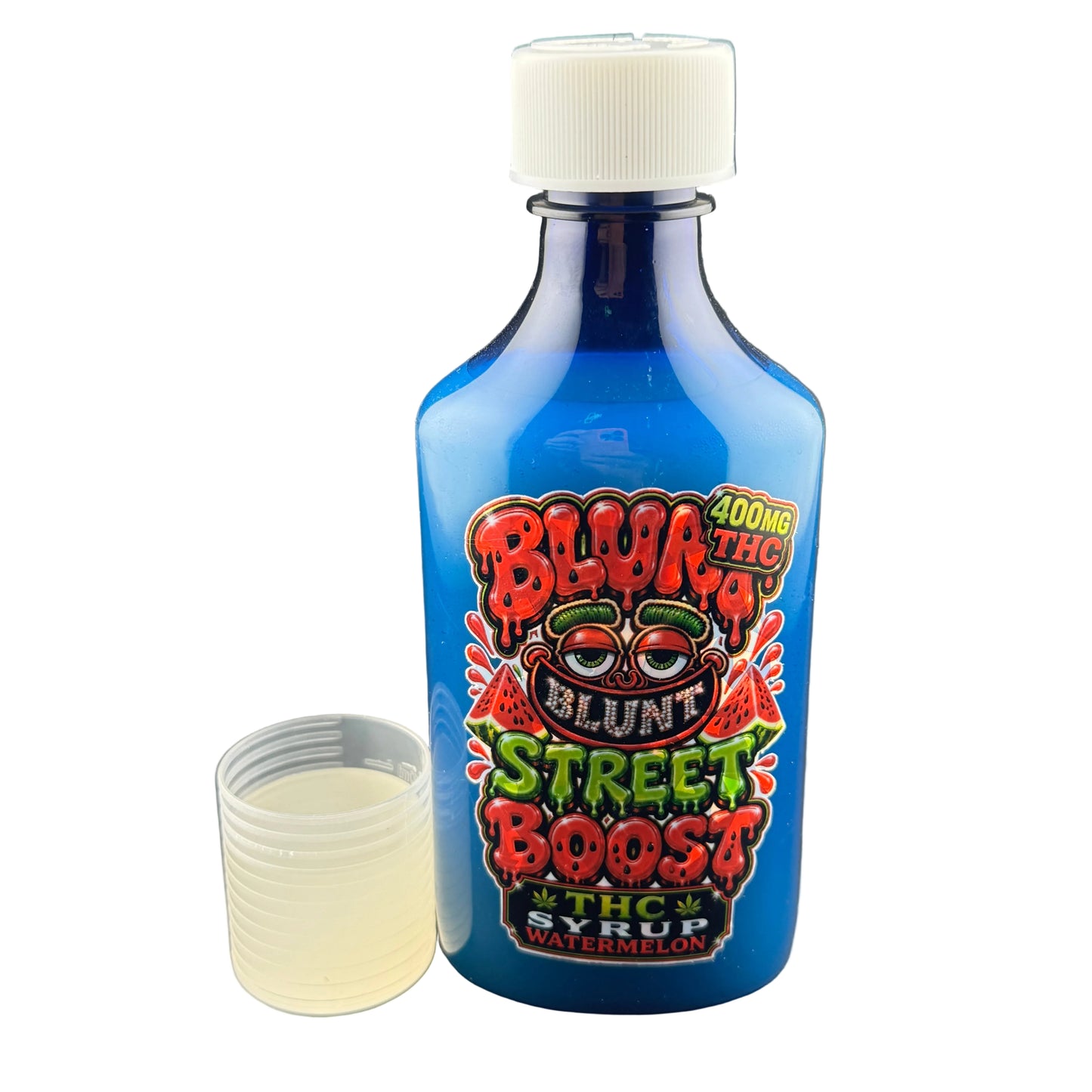 A blue bottle of Blunt Street Boost THC Syrup with a white cap, shown next to a small clear plastic cup containing a pale yellow liquid, on a dark gray background.