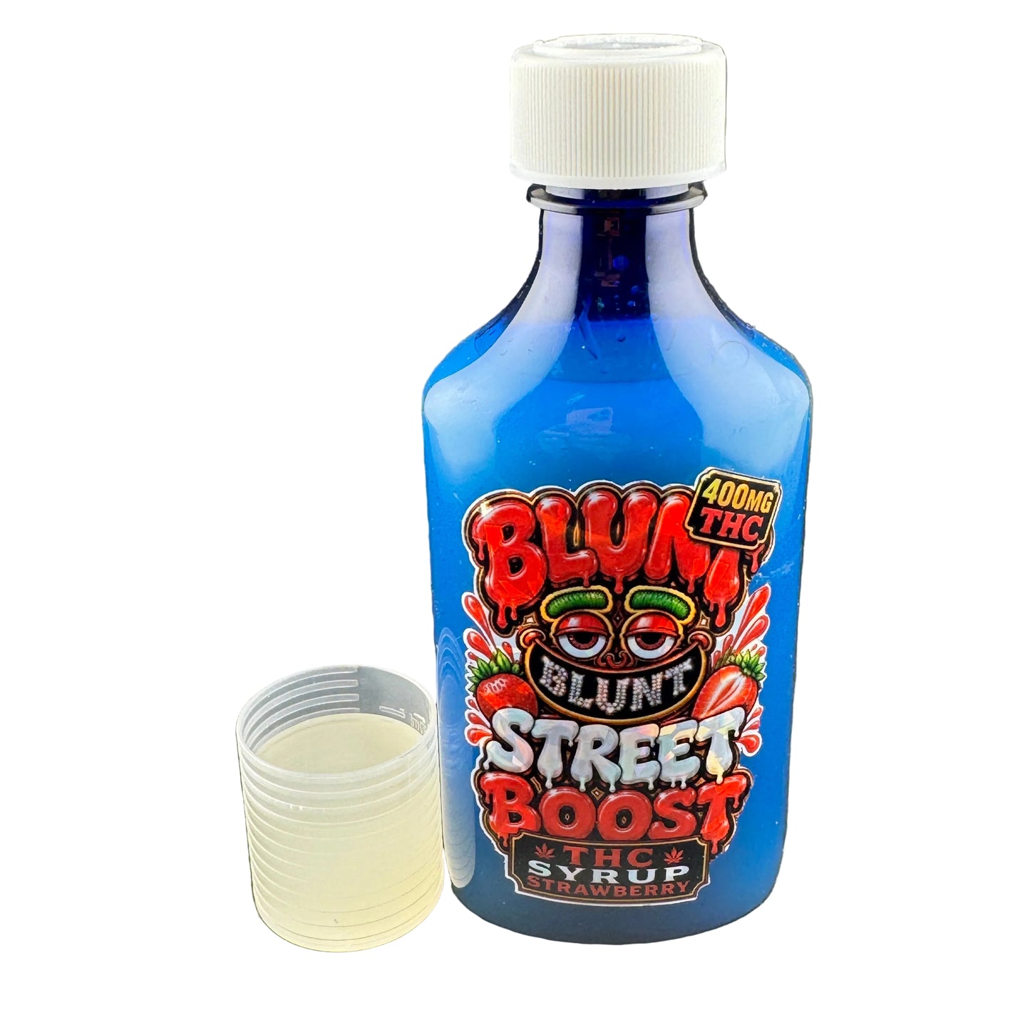 A blue bottle of Blunt Street Boost THC Syrup with a white cap, shown next to a small clear plastic cup containing a pale yellow liquid on a dark gray background.