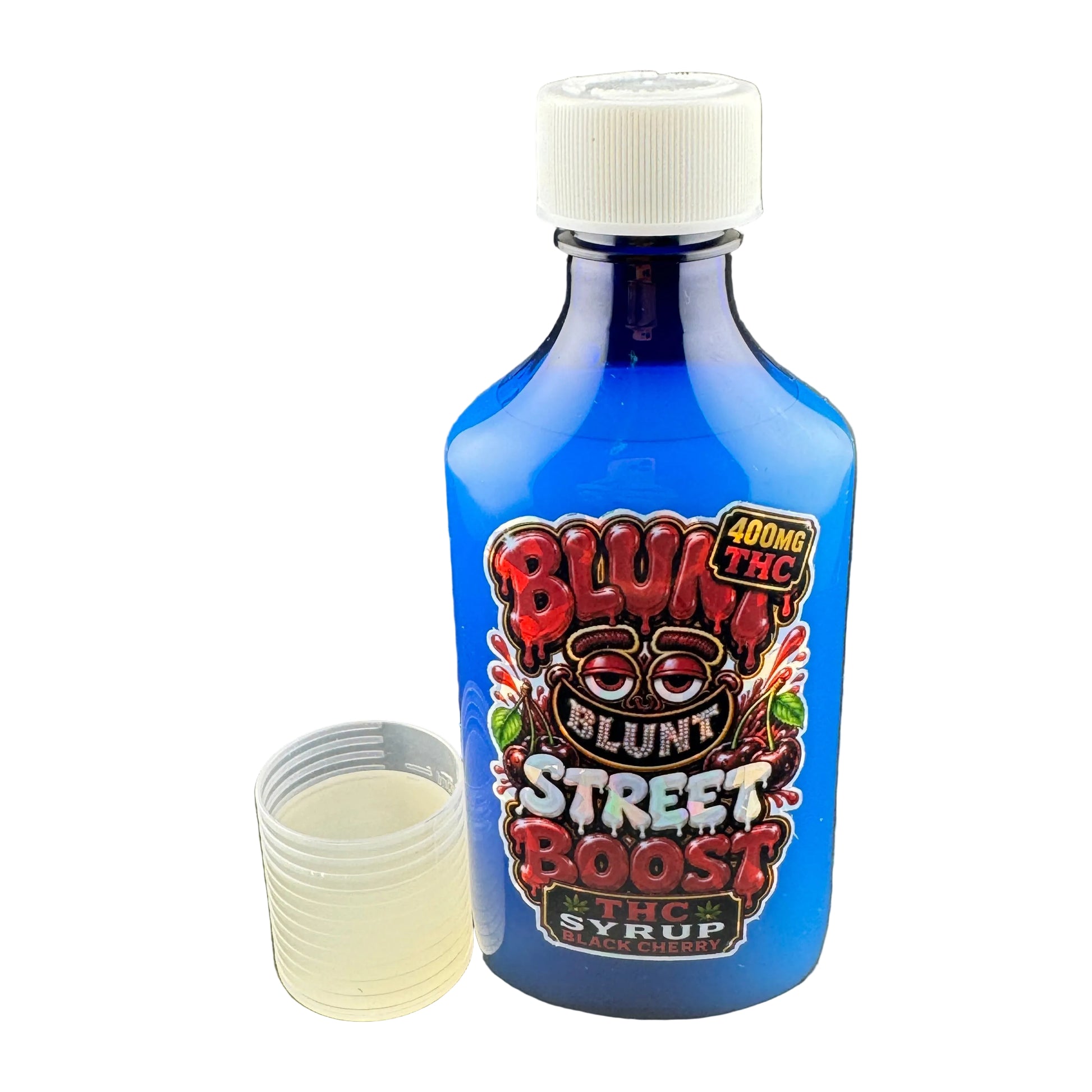 A blue bottle of Blunt Street Boost THC Syrup with a white cap, shown next to a small clear plastic cup containing a pale yellow liquid, set against a dark gray background.