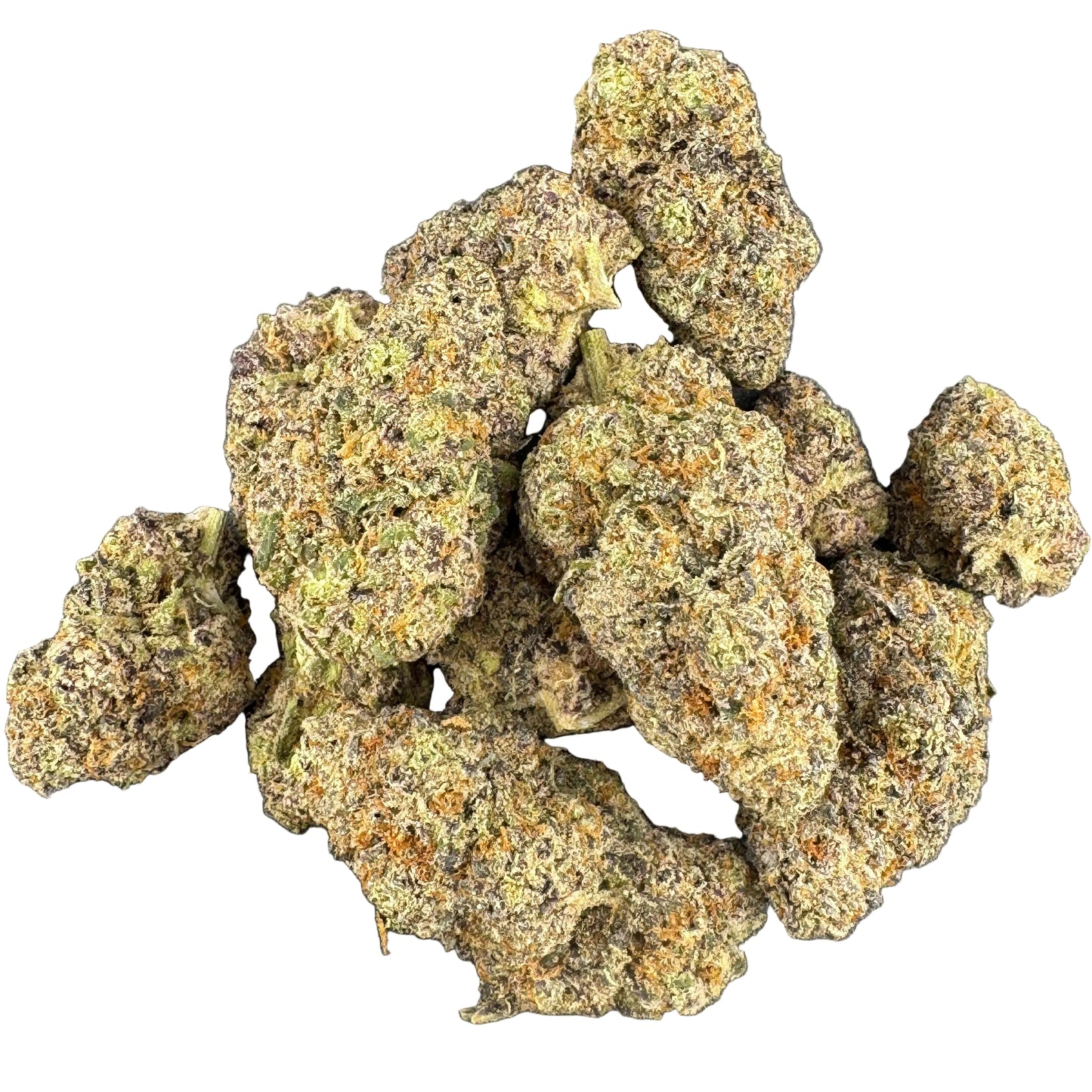 A pile of dried cannabis buds with orange and green trichome detail, photographed on a dark gray textured surface.