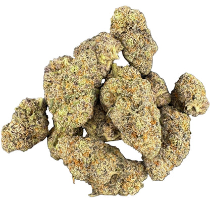 A pile of dried cannabis buds with orange and green trichome detail, photographed on a dark gray textured surface.