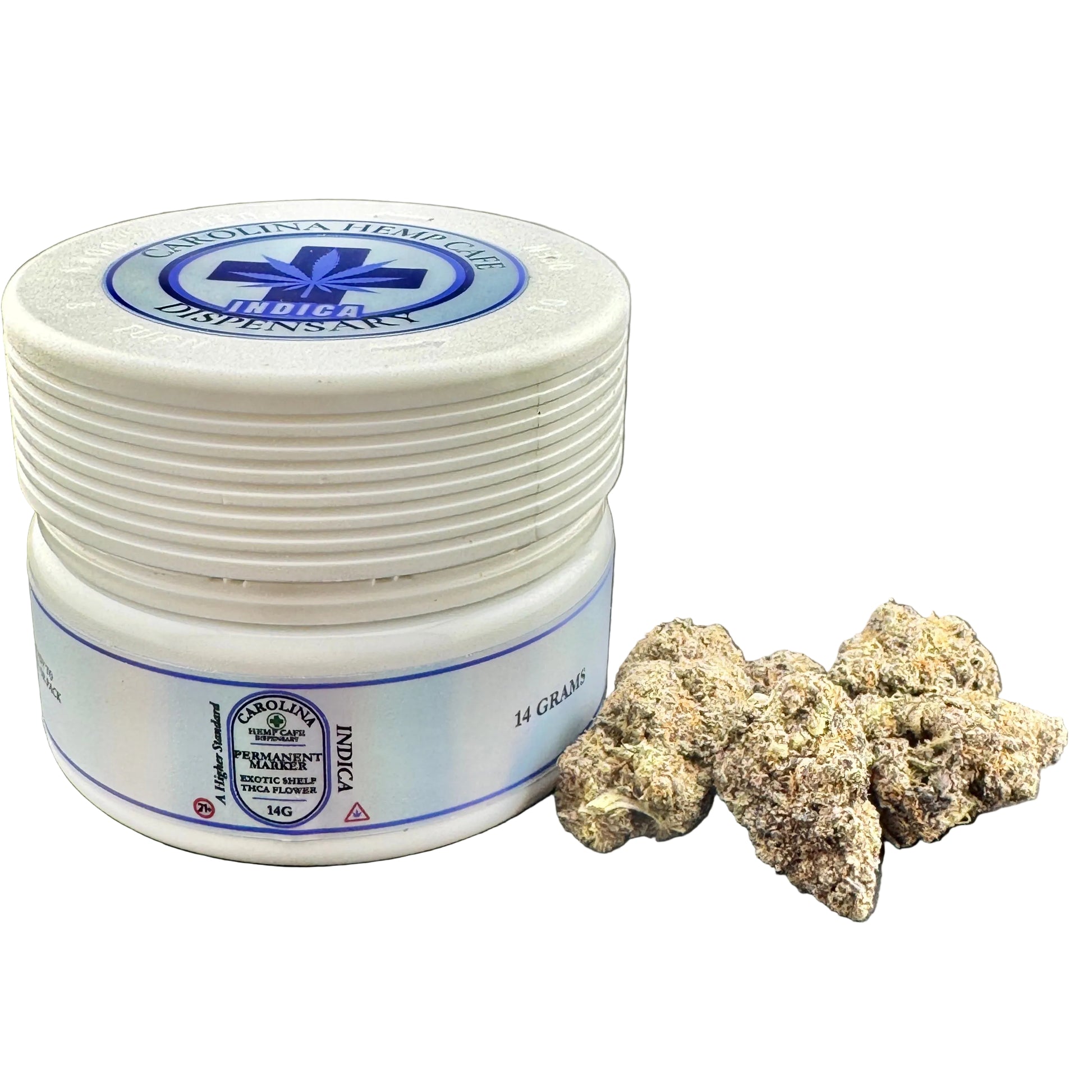 A white plastic jar of Cannabina Healths Indica H Grains next to several dried cannabis buds on a gray textured background.