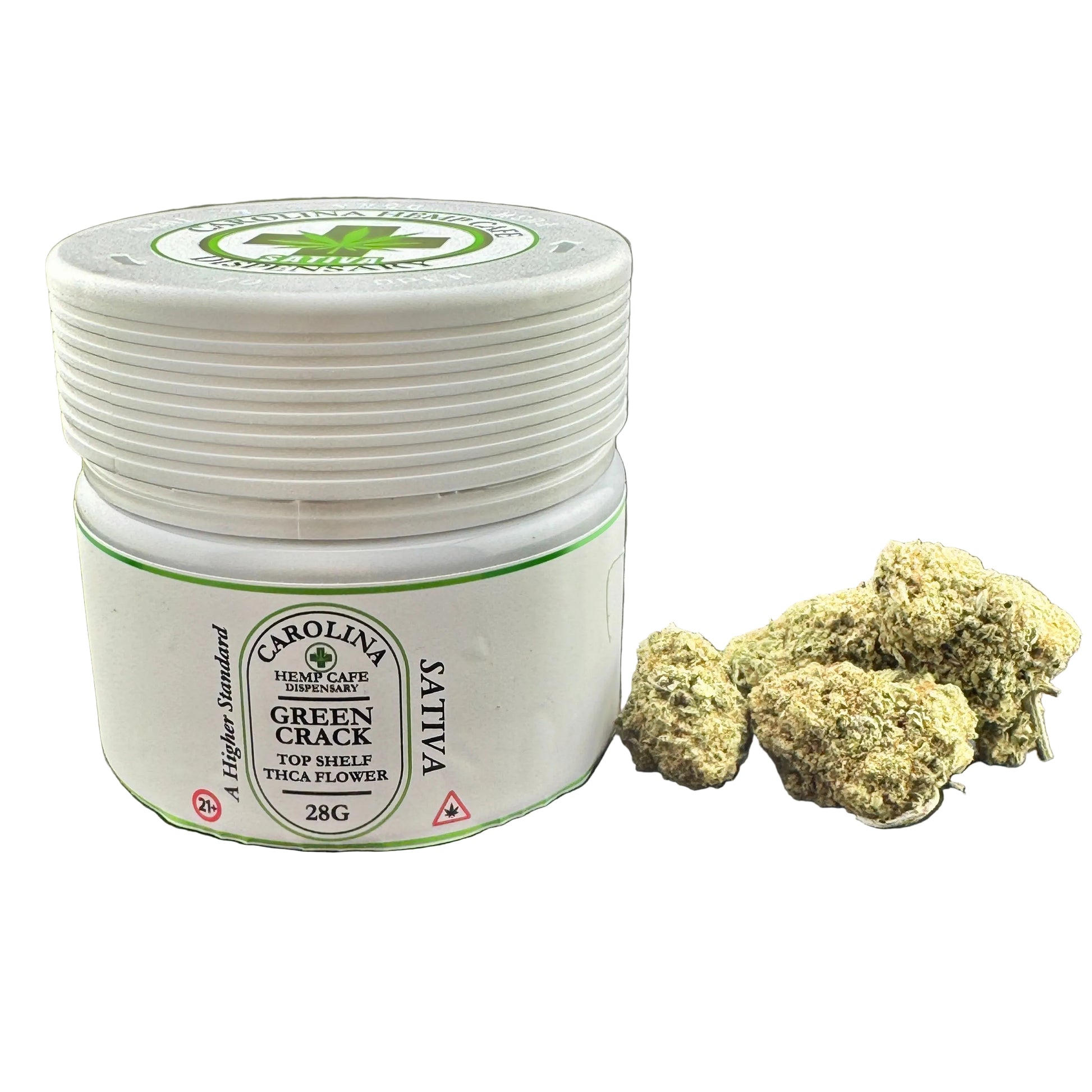 A white plastic jar of Carolina Hemp Cafe Green Crack Sativa THCA flower next to several dried green cannabis buds on a dark gray background.