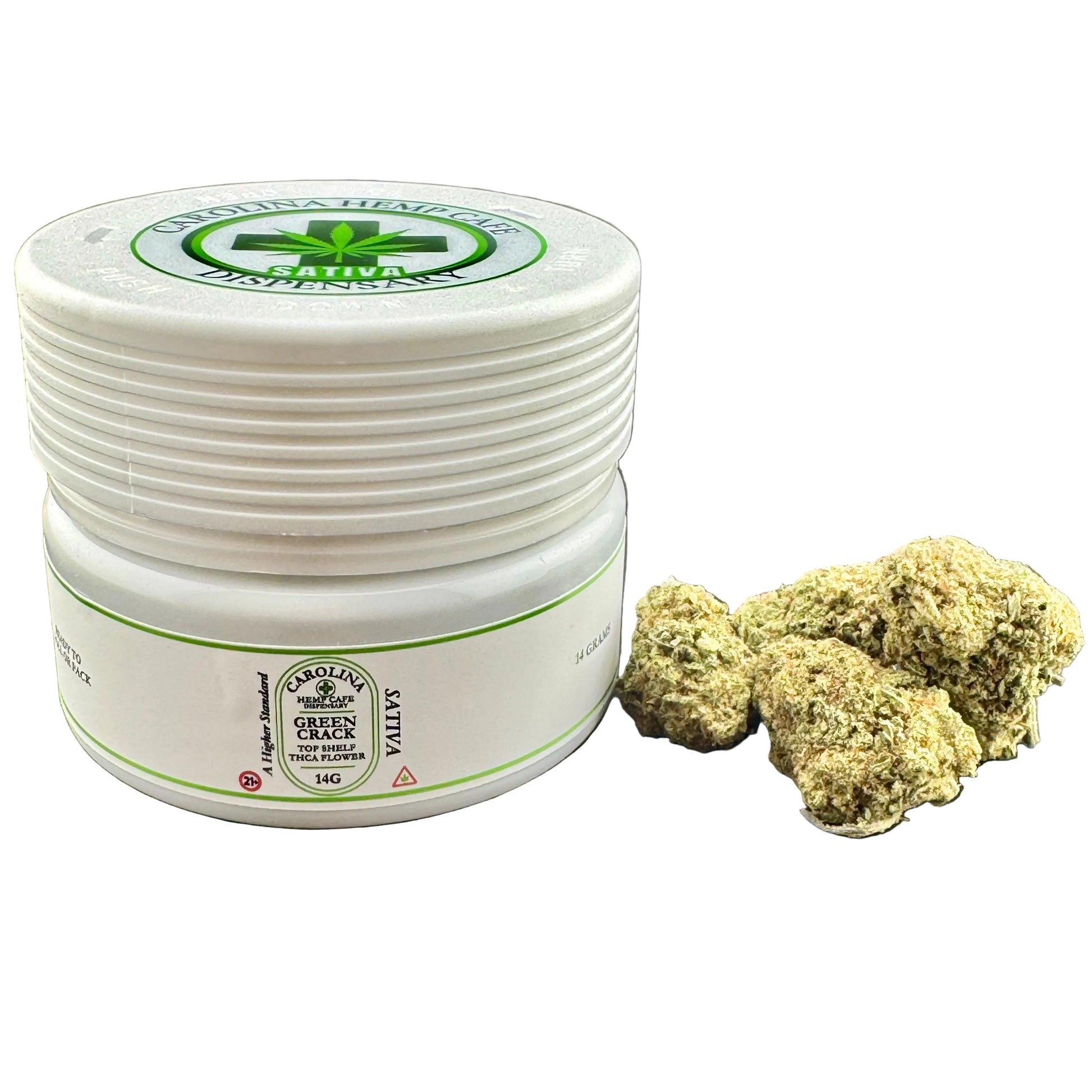 A white plastic jar of Sativa Green Hash with a green and white label, shown next to several green cannabis buds on a dark gray textured background.