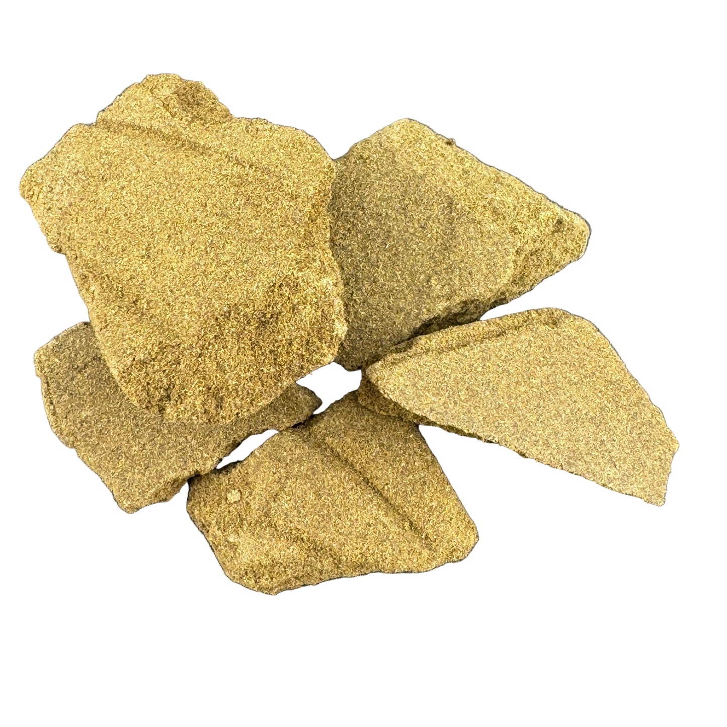 Five irregular golden-brown stone or mineral chunks with a sandy, granular texture, arranged on a dark gray textured surface.