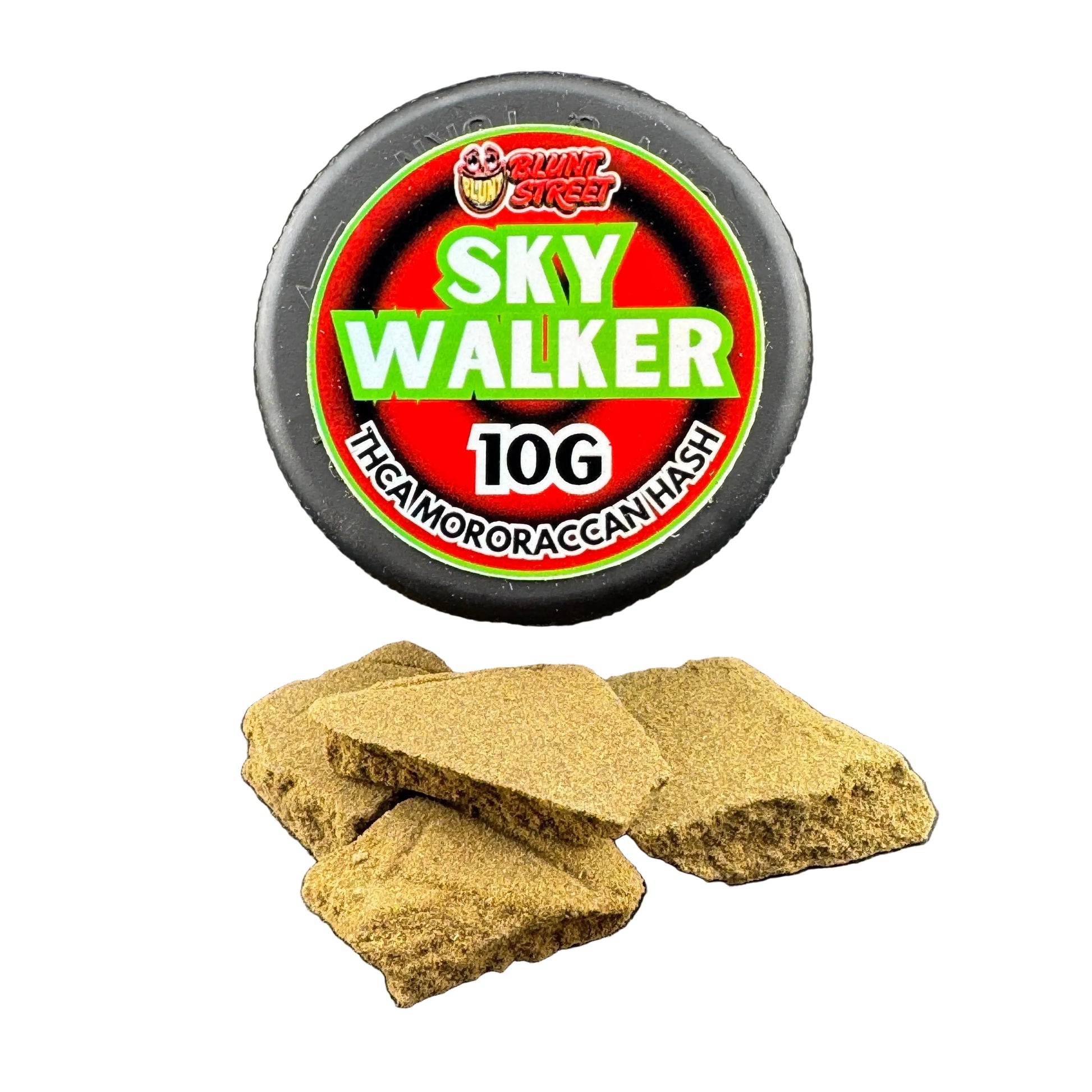A 10g can of Chum Bucket Sky Walker bait, showing the green and red brand label on a black container, with several pieces of the tan-brown granular bait displayed in front on a dark gray background.