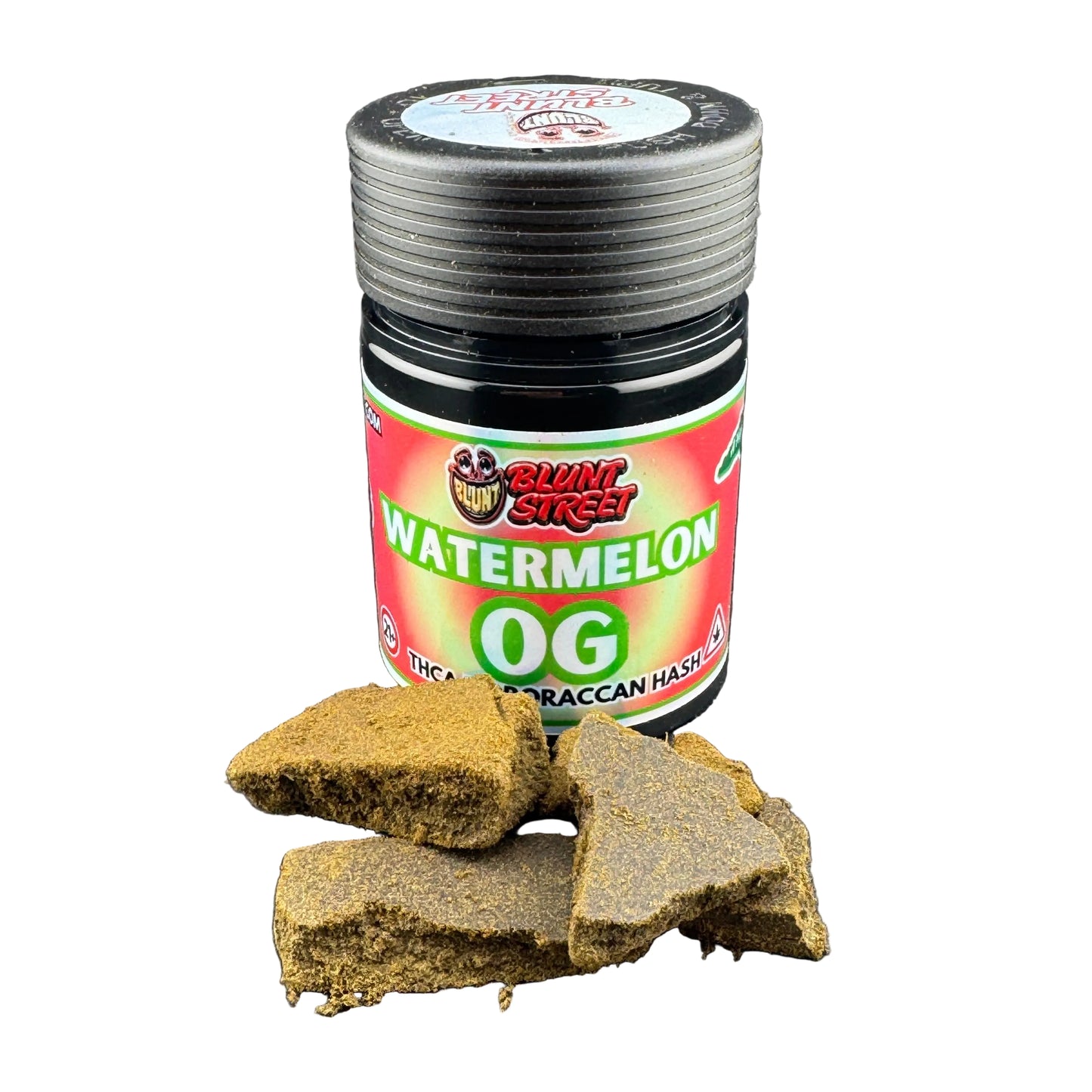 A jar of Blunt Surge Watermelon OG hookshot fishing bait with several pieces of the brown, textured bait displayed in front on a dark gray background.