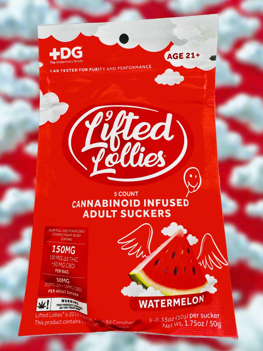 An assortment of Lifted Lollies THC lollipops with various colorful packaging displayed against a vibrant, cloud-filled sky background. Each lollipop has a different flavor label.