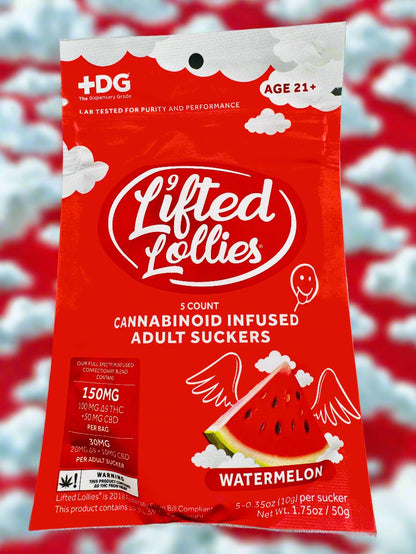 An assortment of Lifted Lollies THC lollipops with various colorful packaging displayed against a vibrant, cloud-filled sky background. Each lollipop has a different flavor label.