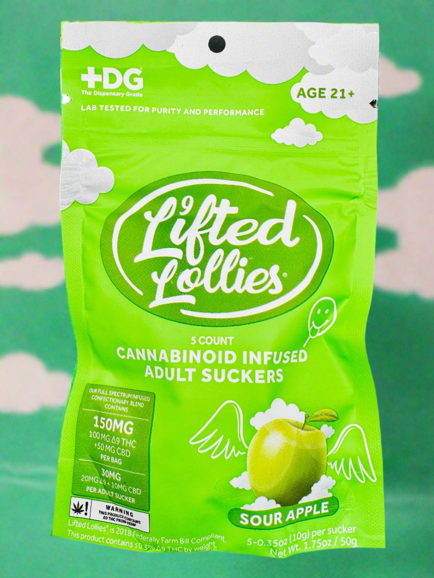 An assortment of Lifted Lollies THC lollipops with various colorful packaging displayed against a vibrant, cloud-filled sky background. Each lollipop has a different flavor label.