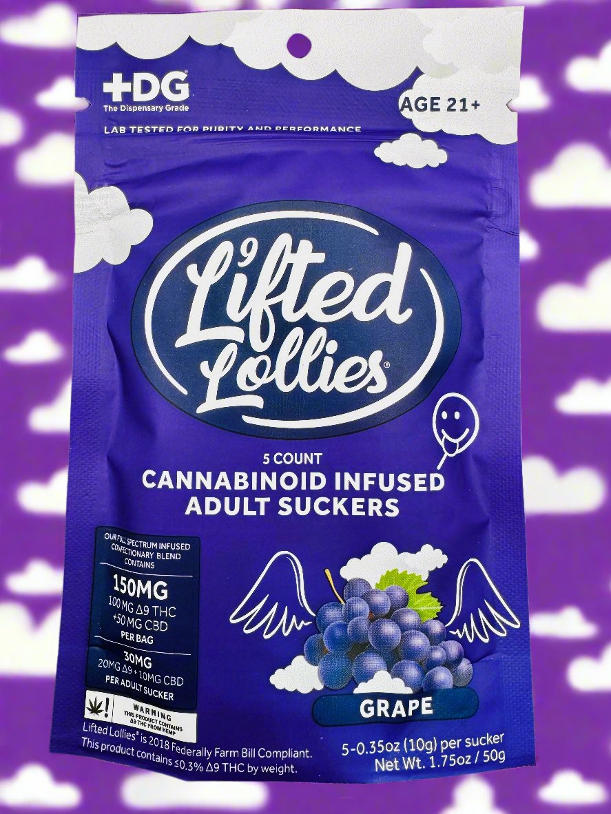 An assortment of Lifted Lollies THC lollipops with various colorful packaging displayed against a vibrant, cloud-filled sky background. Each lollipop has a different flavor label.