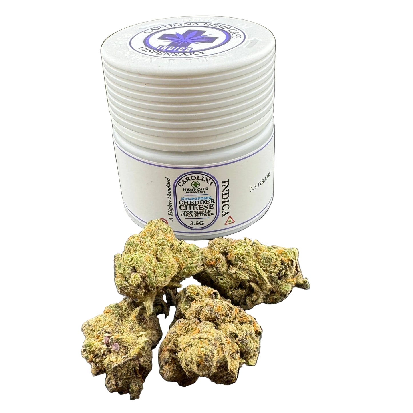 A white plastic jar of Carolyn Herbs 'Carolina' Indica hemp flower with several loose green and brown flower buds placed in front on a dark gray surface.