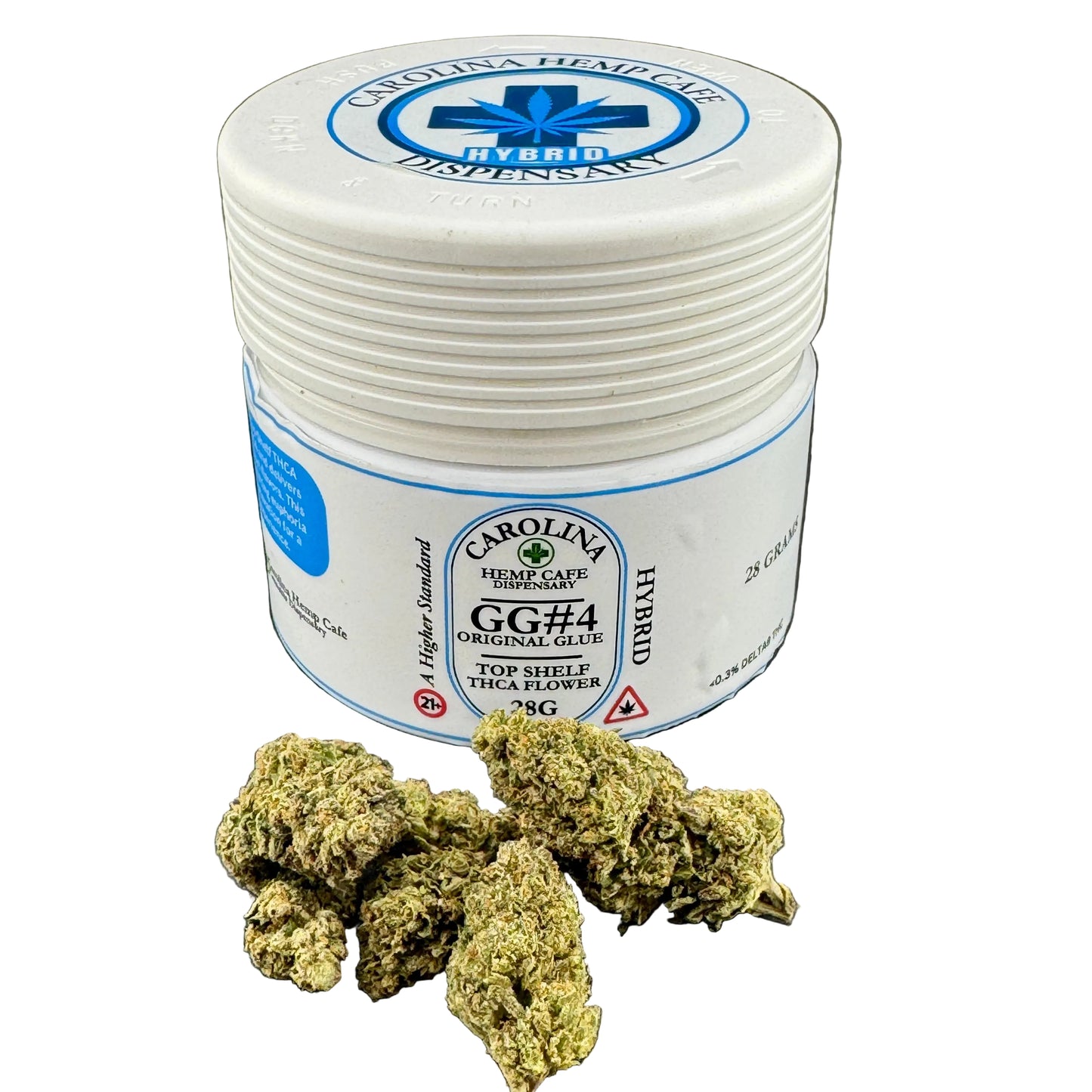 A white plastic jar of Carolina Health Care GG#4 Hybrid Top Series Trica Flower with several loose green buds placed in front on a dark gray surface.