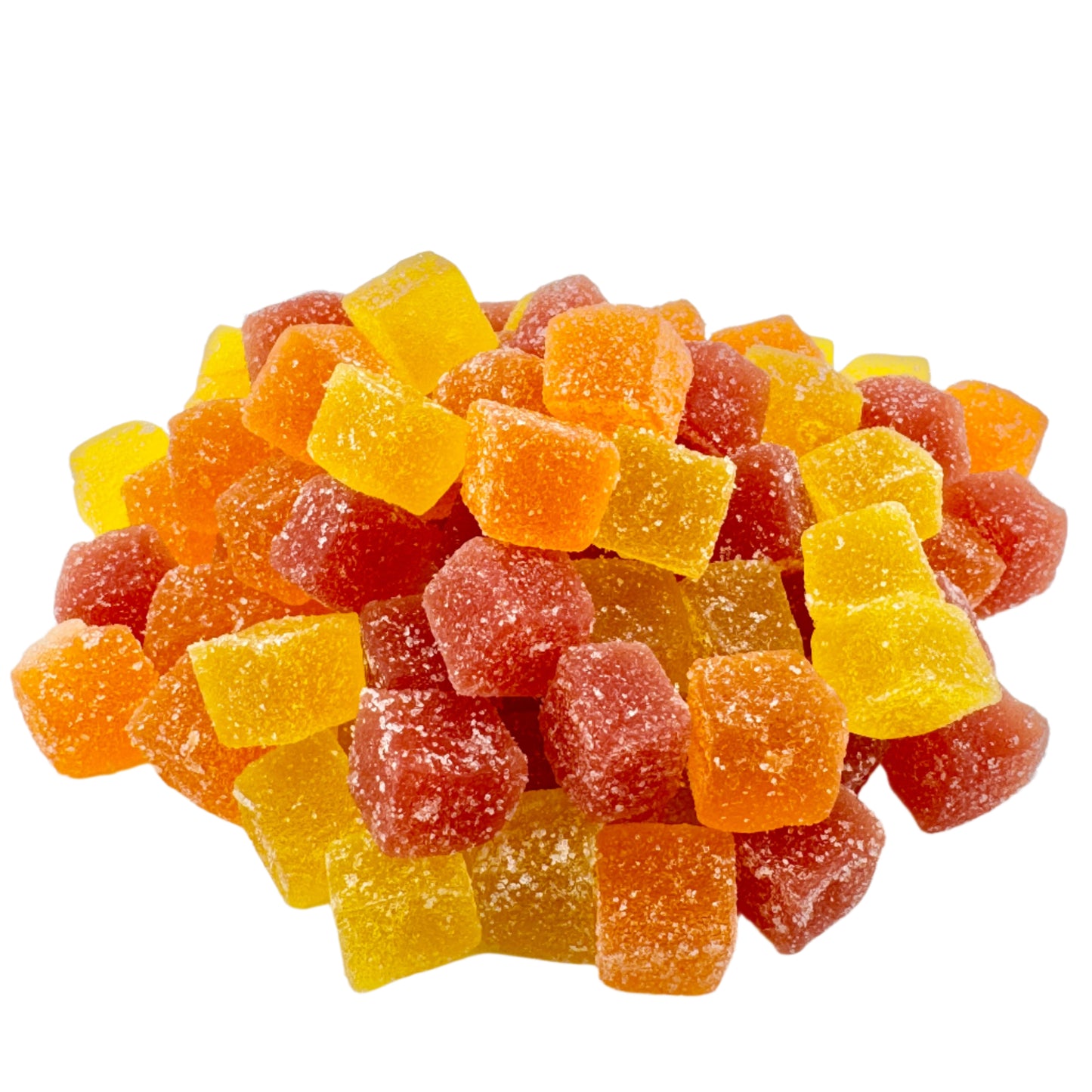 A pile of colorful CBG focus gummies, which are candy-like and appear to be chewable. They are presented in shades of yellow, red, and orange, with a sugary coating.