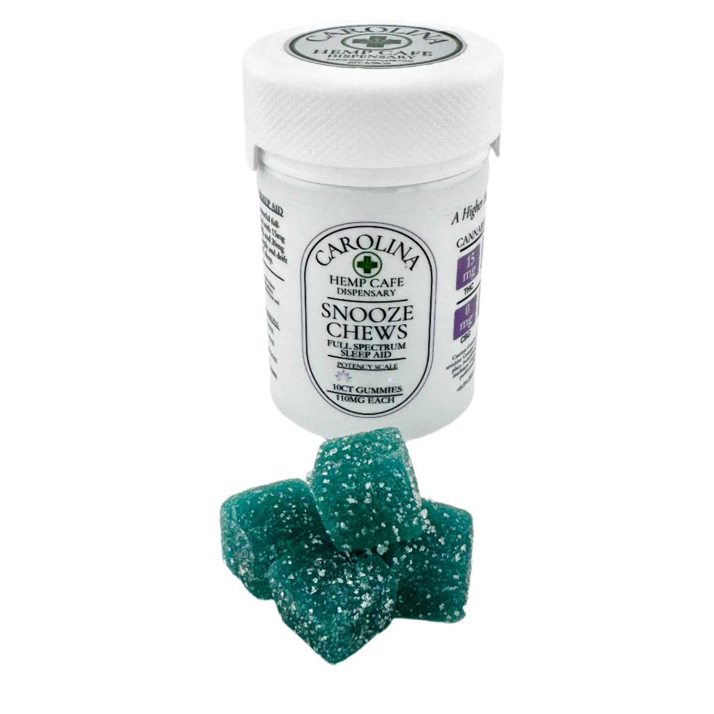 A bottle of Carolina Hemp Cafe's Snooze Chews, Full Spectrum Sleep Aid, with a couple of blue gummy chews displayed in front.