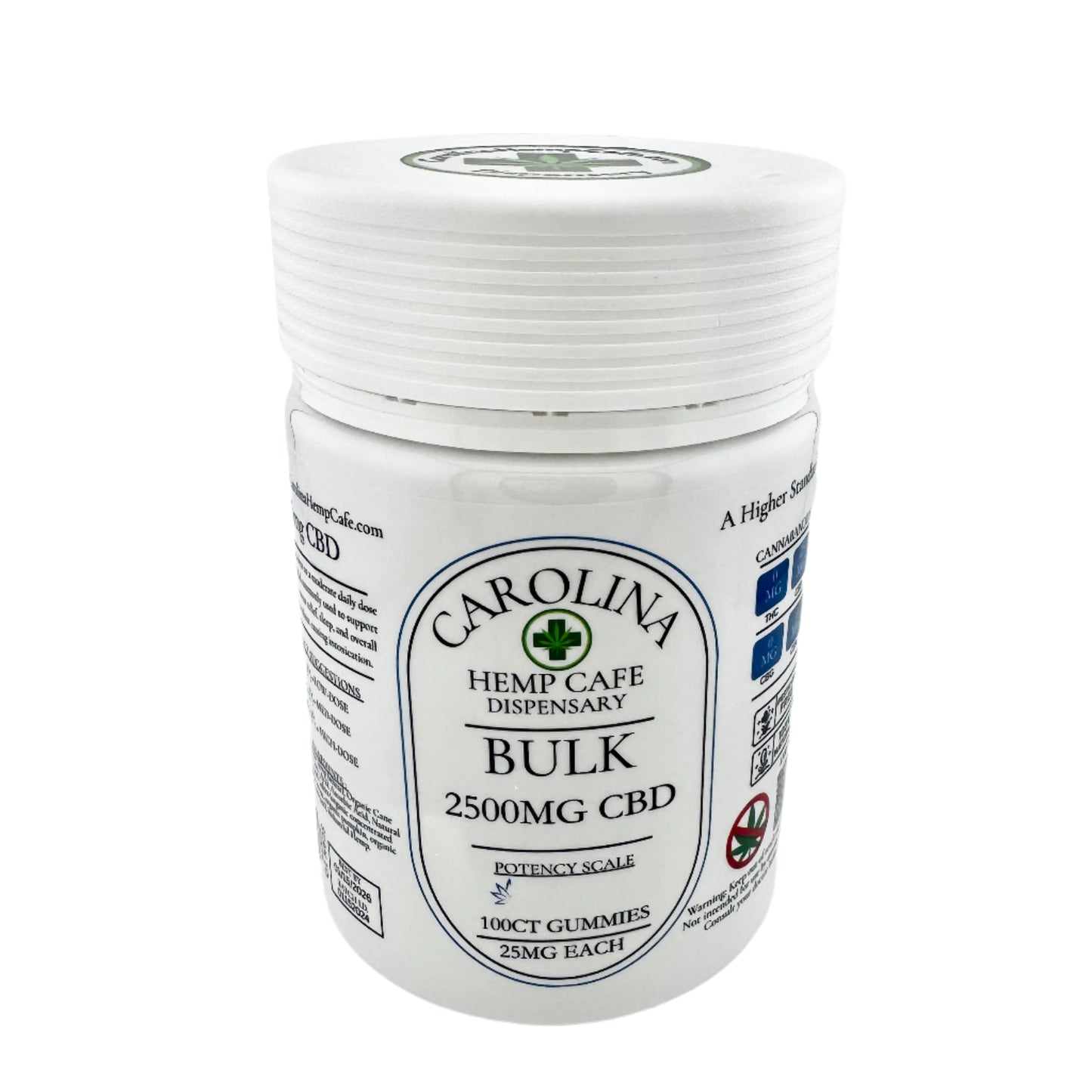 White bulk bottle by Carolina Hemp Cafe Dispensary for Bulk 2500mg CBD gummies 100ct of 25mg CBD each gummy