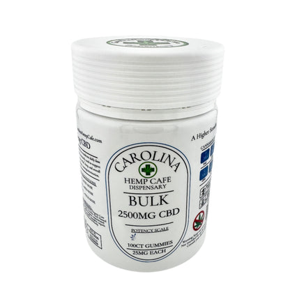 White bulk bottle by Carolina Hemp Cafe Dispensary for Bulk 2500mg CBD gummies 100ct of 25mg CBD each gummy