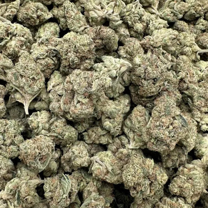 Close-up of a pile of green cannabis buds on a white background