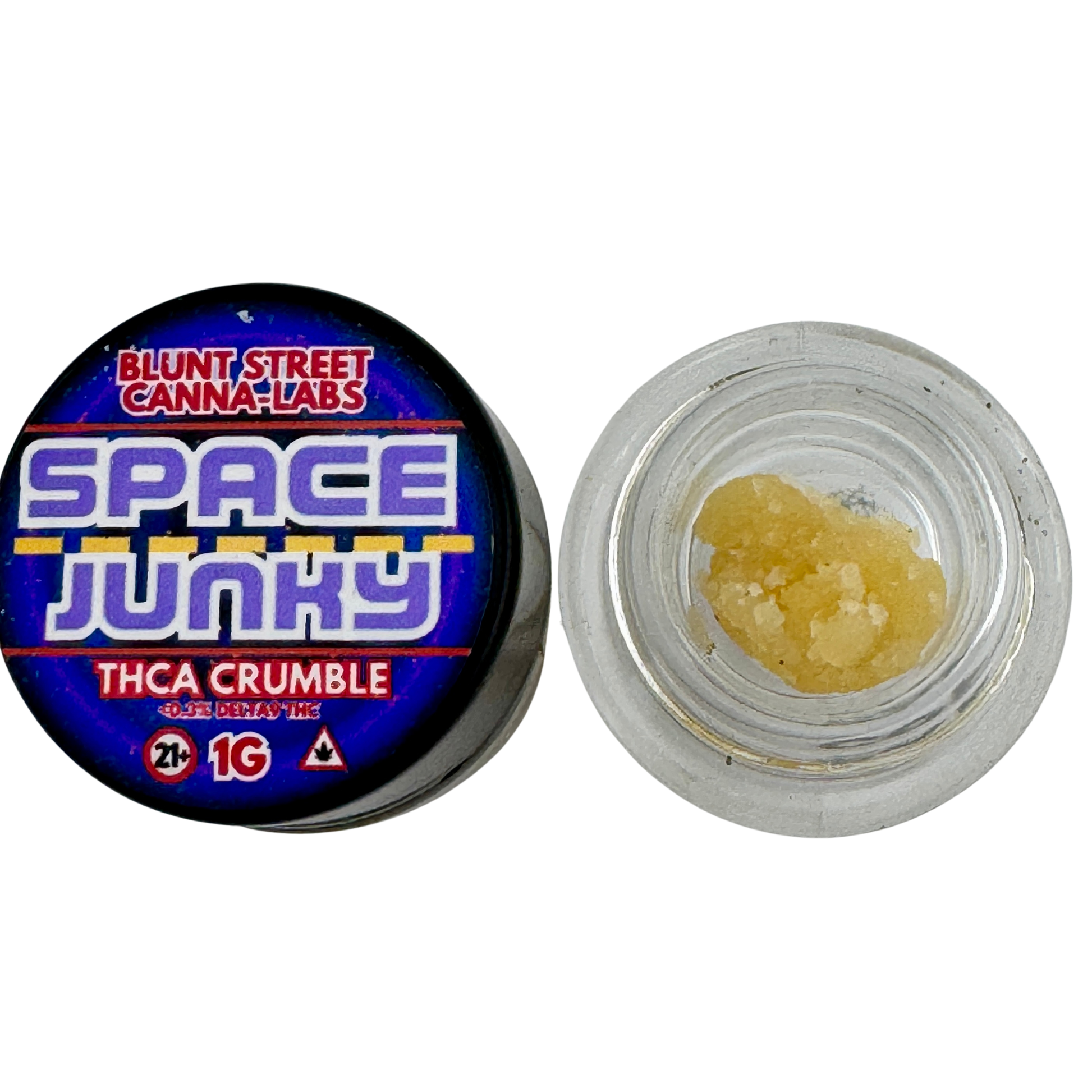 Space Junky THCA Crumble container with visible contents on a white background