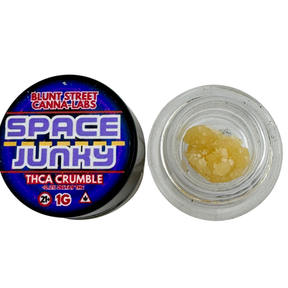 Space Junky THCA Crumble container with visible contents on a white background