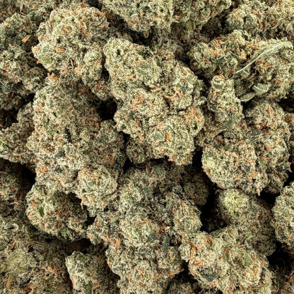 Close-up of a pile of green cannabis buds on a white background