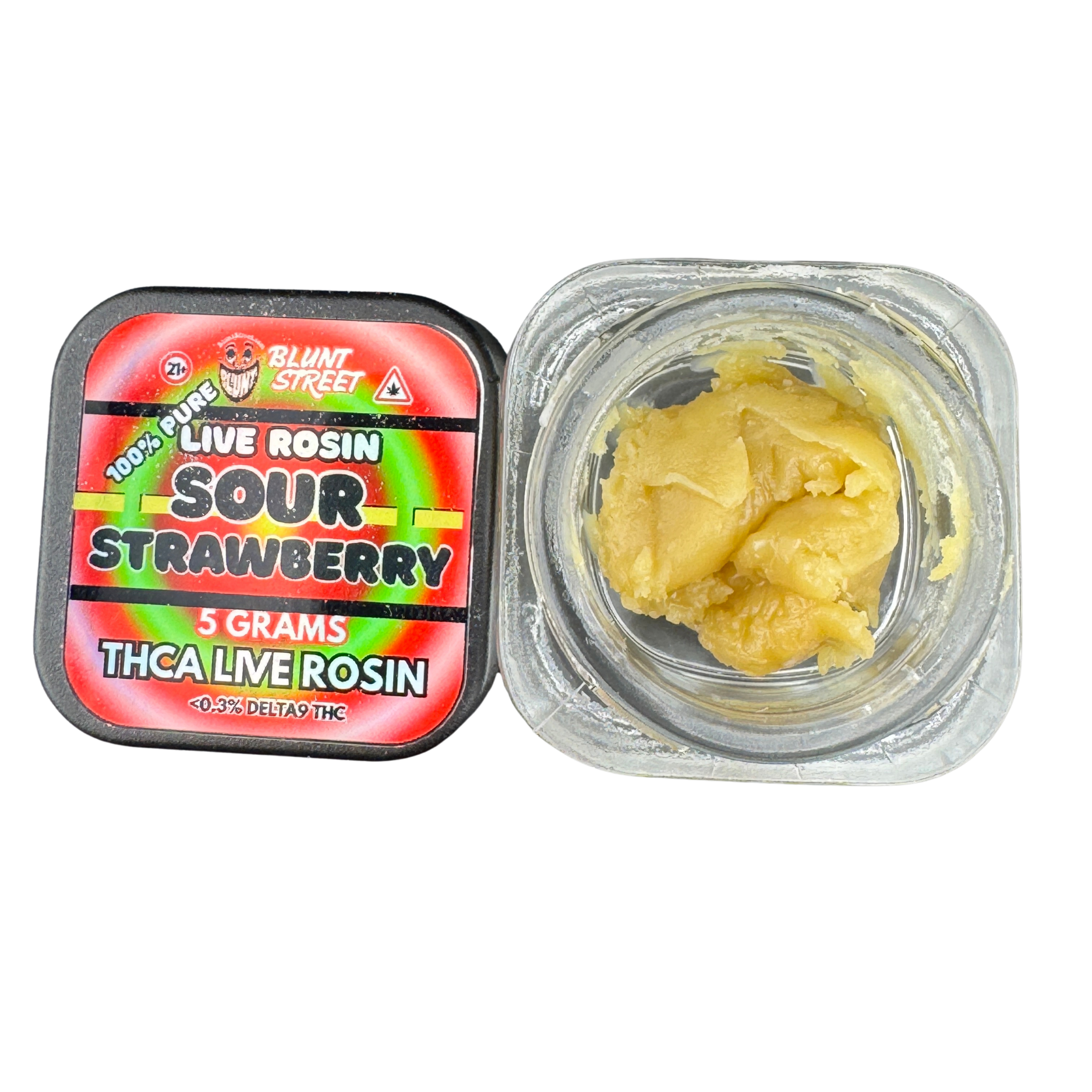 Sour Strawberry live rosin container with red label on a white background