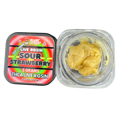 Sour Strawberry live rosin container with red label on a white background