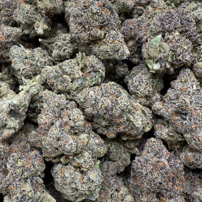 Close-up of a pile of cannabis buds on a gray surface