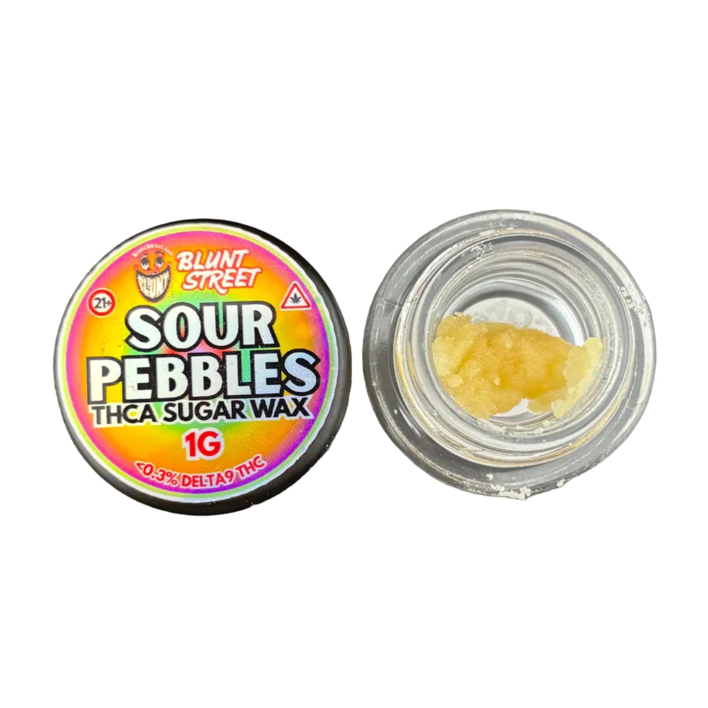 A small round tin of Blunt Street Sour Pebbles THCa sugar wax sits next to an open clear jar containing a small amount of yellow wax, set on a dark gray surface.