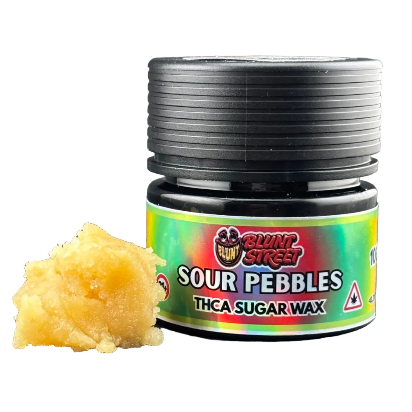 A small jar of Sour Pebbles THCA sugar wax by Giant Street next to a small pile of the pale yellow wax, set against a dark gray background.