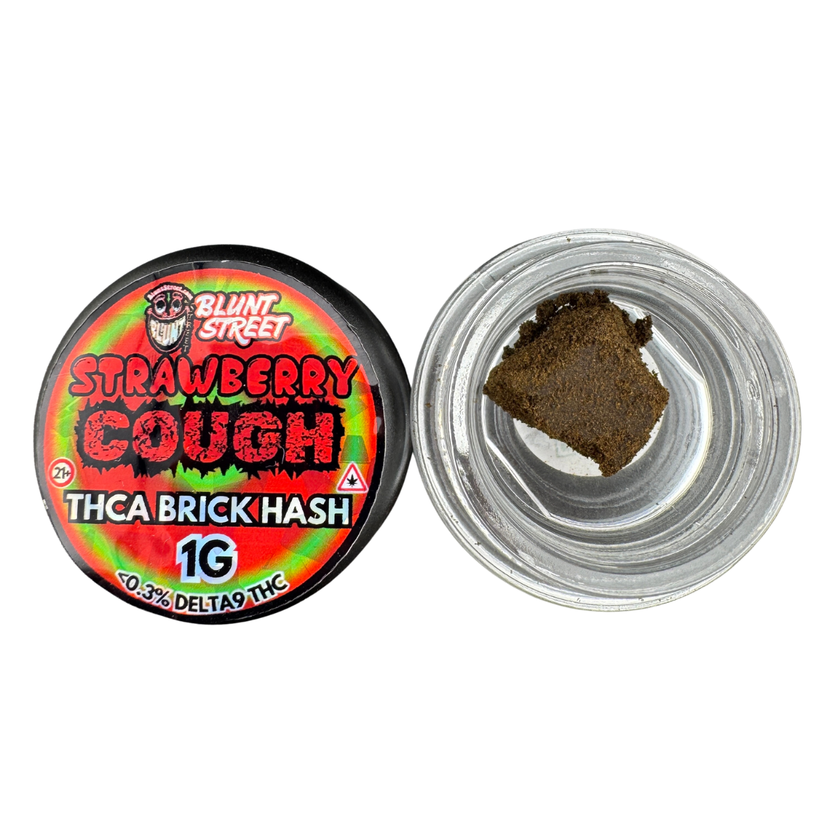 A round clear plastic jar of Blunt Street Strawberry Cough THCA brick hash with its colorful red, green, and black label visible, shown next to an open jar containing a brown hash piece on a white background.