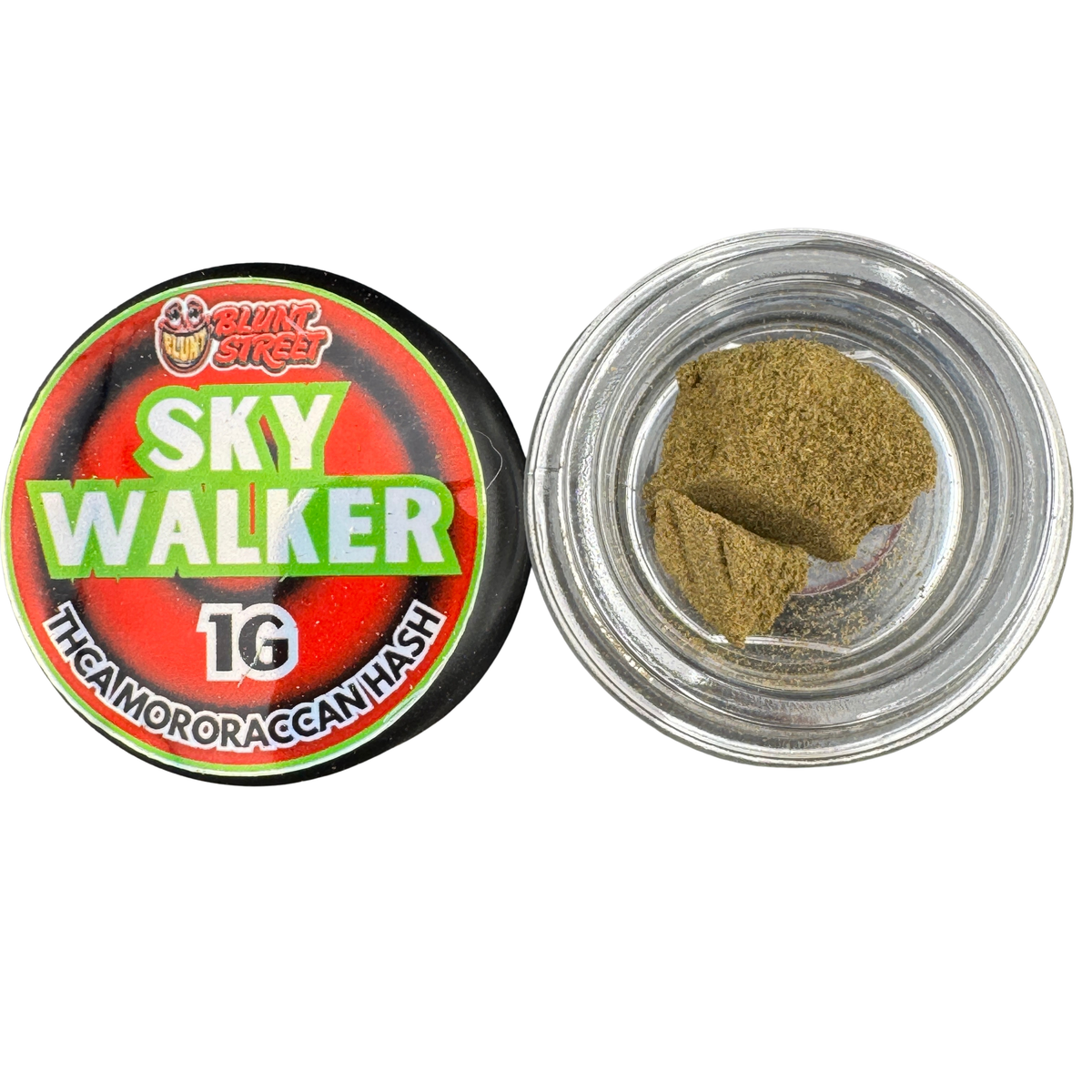 A round jar of Skyy Walker 1G THCA gummy or roachant hash shown open with its lid beside it. The lid features a red, black, and green label with the brand name 'Bluntz Bros.