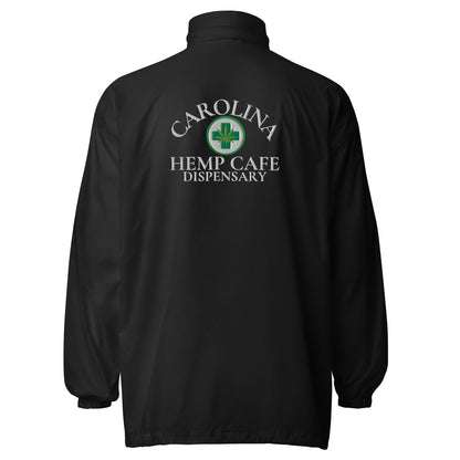 Backside of Black Carolina Hemp Cafe Dispensary Unisex windbreaker jacket