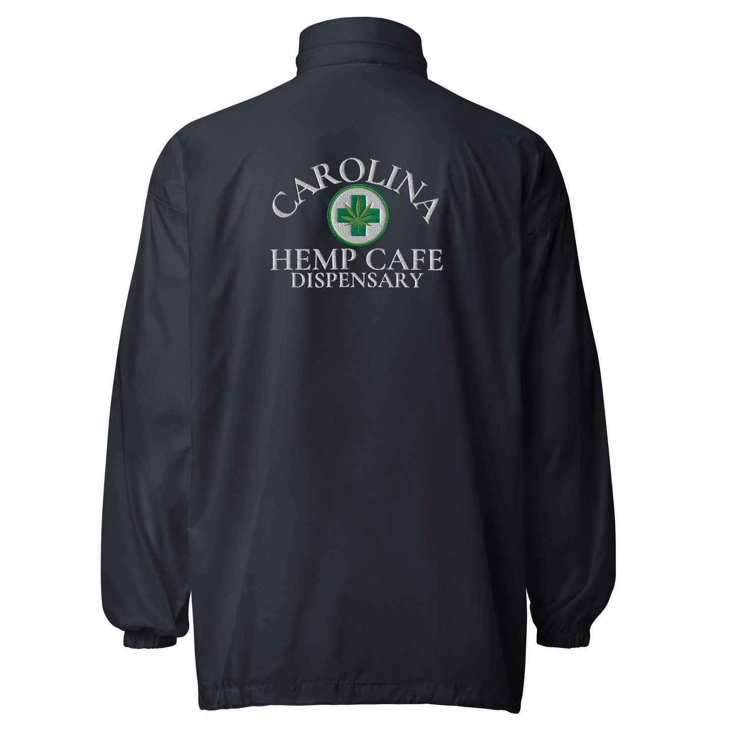 Back side of Black Carolina Hemp Cafe Dispensary Unisex windbreaker jacket