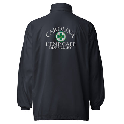 Back side of Black Carolina Hemp Cafe Dispensary Unisex windbreaker jacket