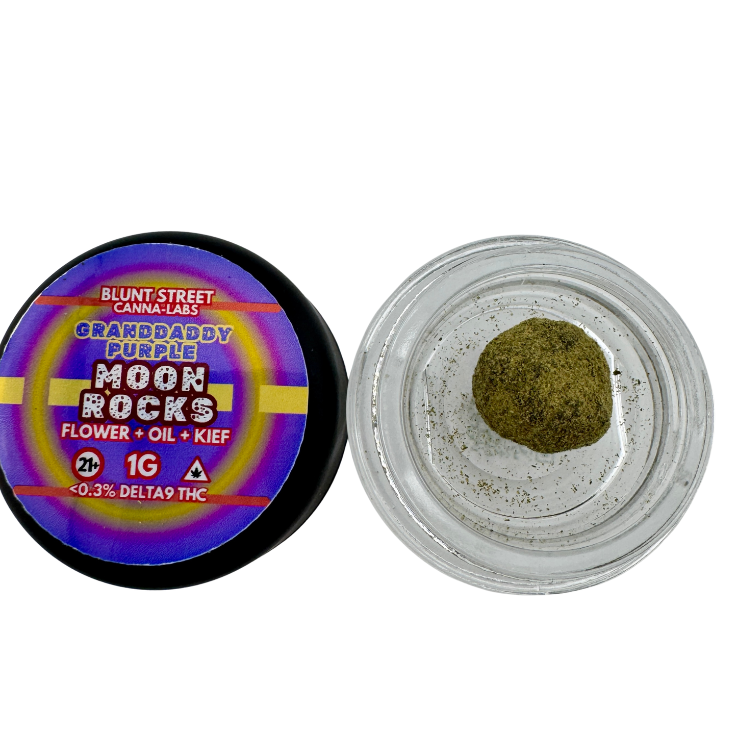 Jar of Blunt Street Canna-Labs Grandaddy Purple Moon Rocks with visible contents on a white background