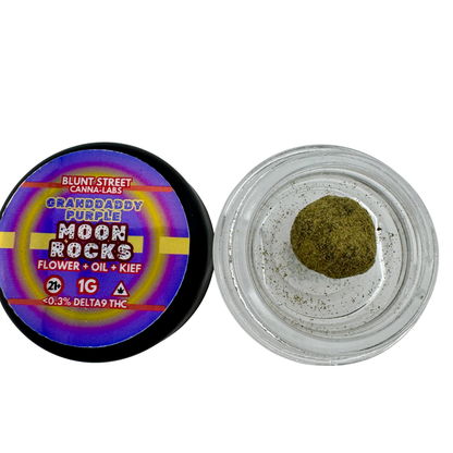 Jar of Blunt Street Canna-Labs Grandaddy Purple Moon Rocks with visible contents on a white background