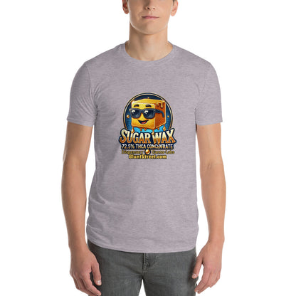 Person wearing a grey T-shirt with Sugar Wax THCA Concentrate cartoon character with yellow square body and black sunglasses