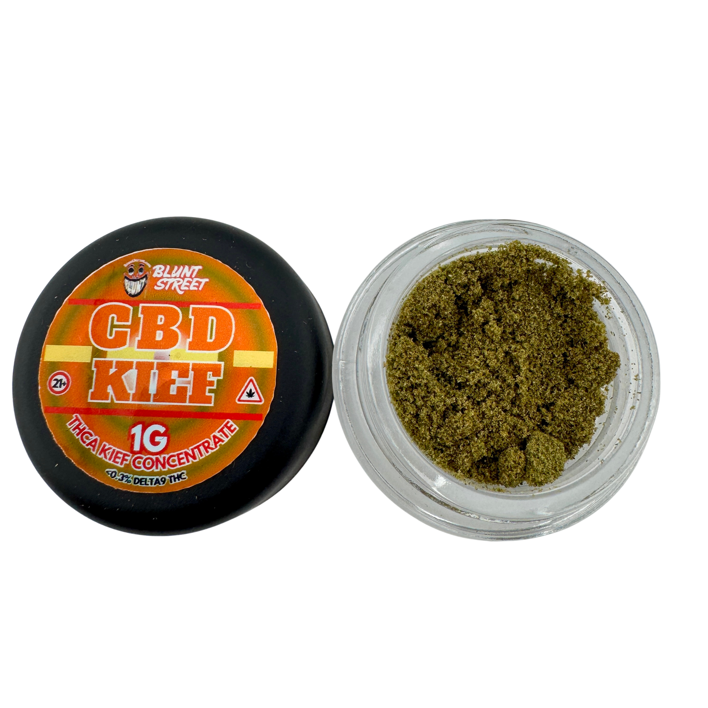 CBD kief container with open lid showing green kief on a white background