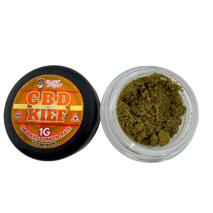 CBD kief container with open lid showing green kief on a white background